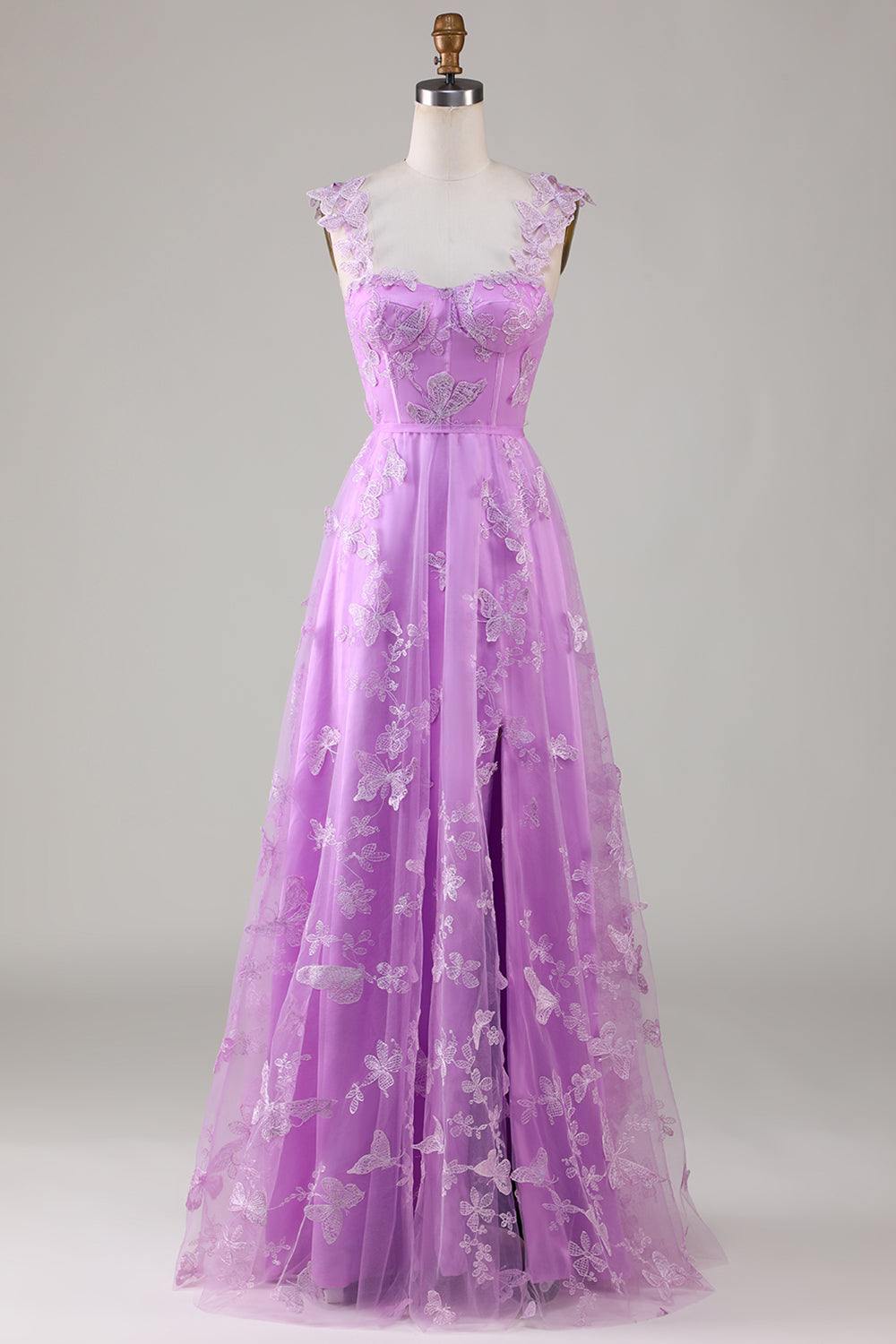 Linia Zielony gorset Długa tiulowa sukienka na studniówkę z motylami 3D Split z przodu