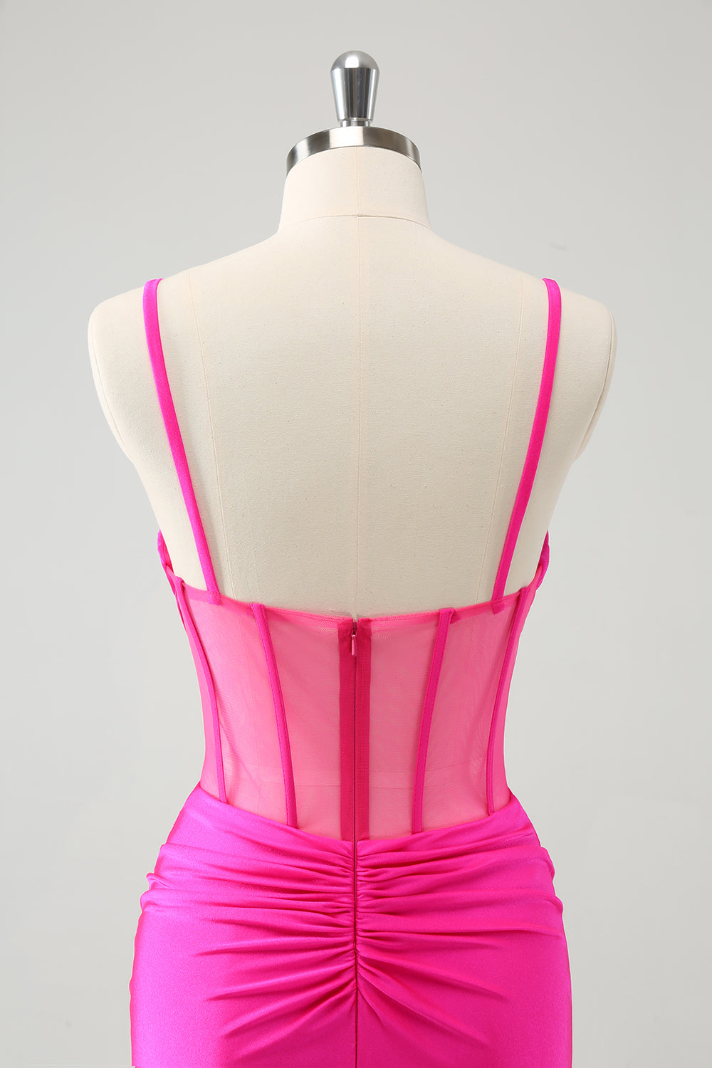 Brokat Fuksja Cienkich Ramiączkach Gorset Sukienka Koktajlowa Z Koralikami