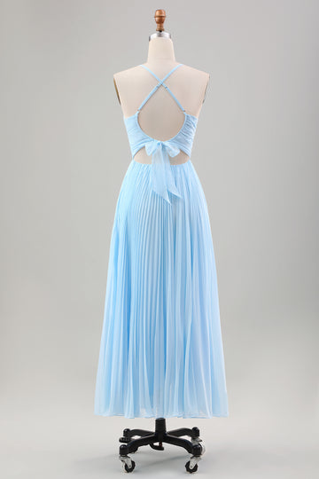 Błękitna Plisowana Cienkich Ramiączkach Szyfonowa Sukienki Na Wesele