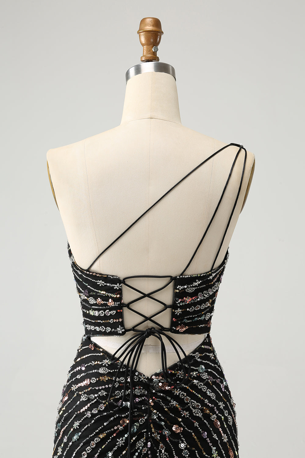 Brokatowa Czarna Na Jedno Ramię Cekinowa Sukienka Koktajlowa