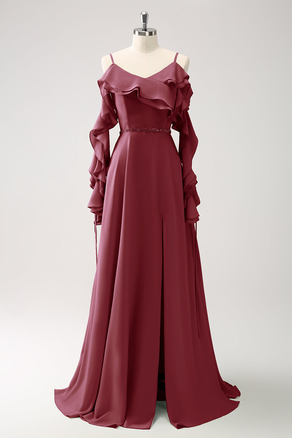 Burgundia długa szyfonowa sukienka druhny z zimnymi ramionami w kształcie litery A z falbankami