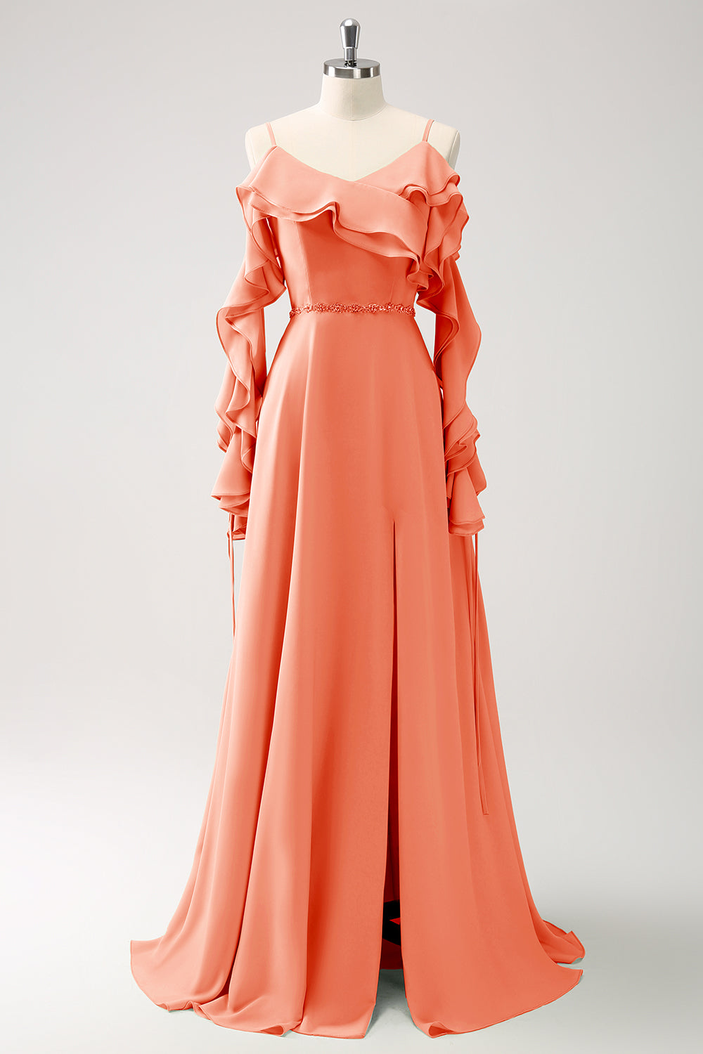 Burgundia długa szyfonowa sukienka druhny z zimnymi ramionami w kształcie litery A z falbankami