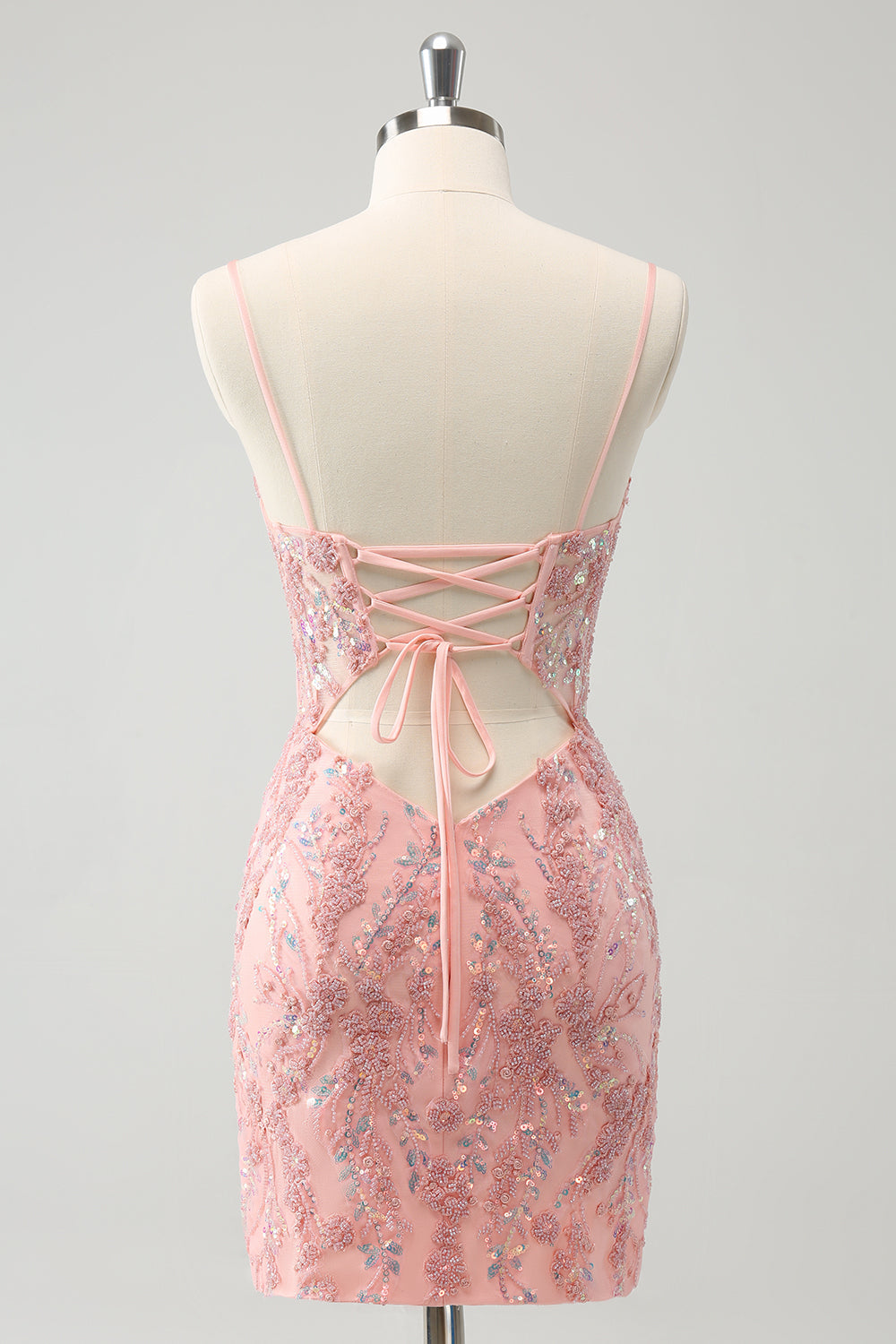 Brokat Róż Spaghetti Ramiączka Obcisła krótka sukienka na powrót do domu z koralikami