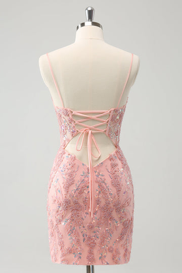 Brokat Róż Spaghetti Ramiączka Obcisła krótka sukienka na powrót do domu z koralikami
