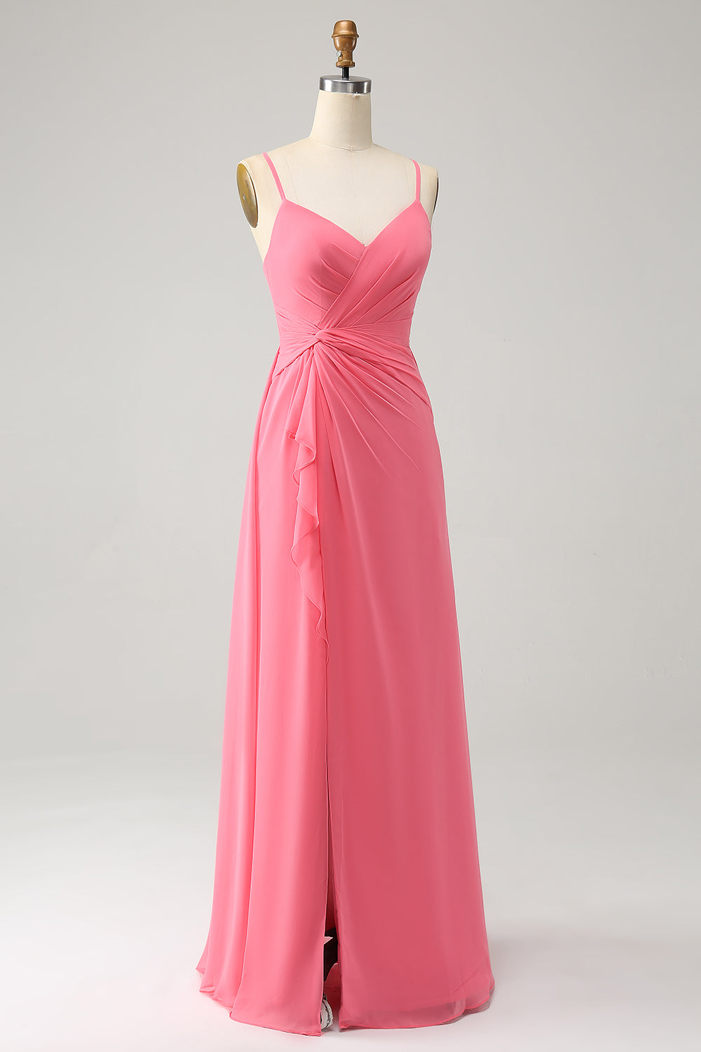 Coral A Line V Neck Spaghetti Ramiączka Szyfonowa Długa Sukienka Druhny Z Rozcięciem