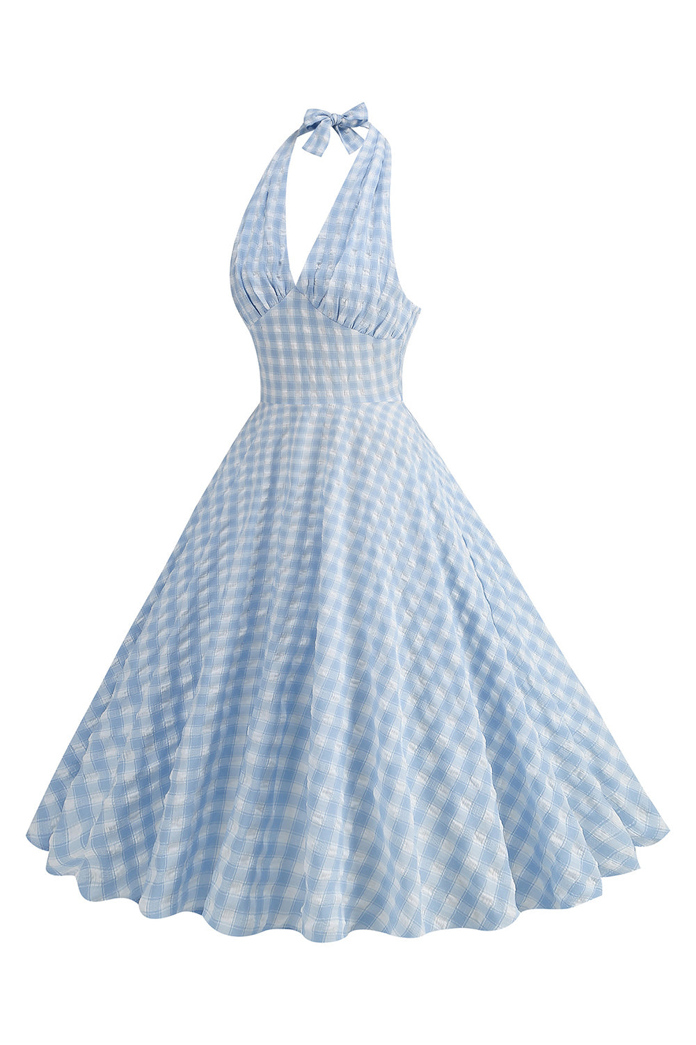 Halter Niebieska Sukienka W Kratę 1950 Z Kokardą