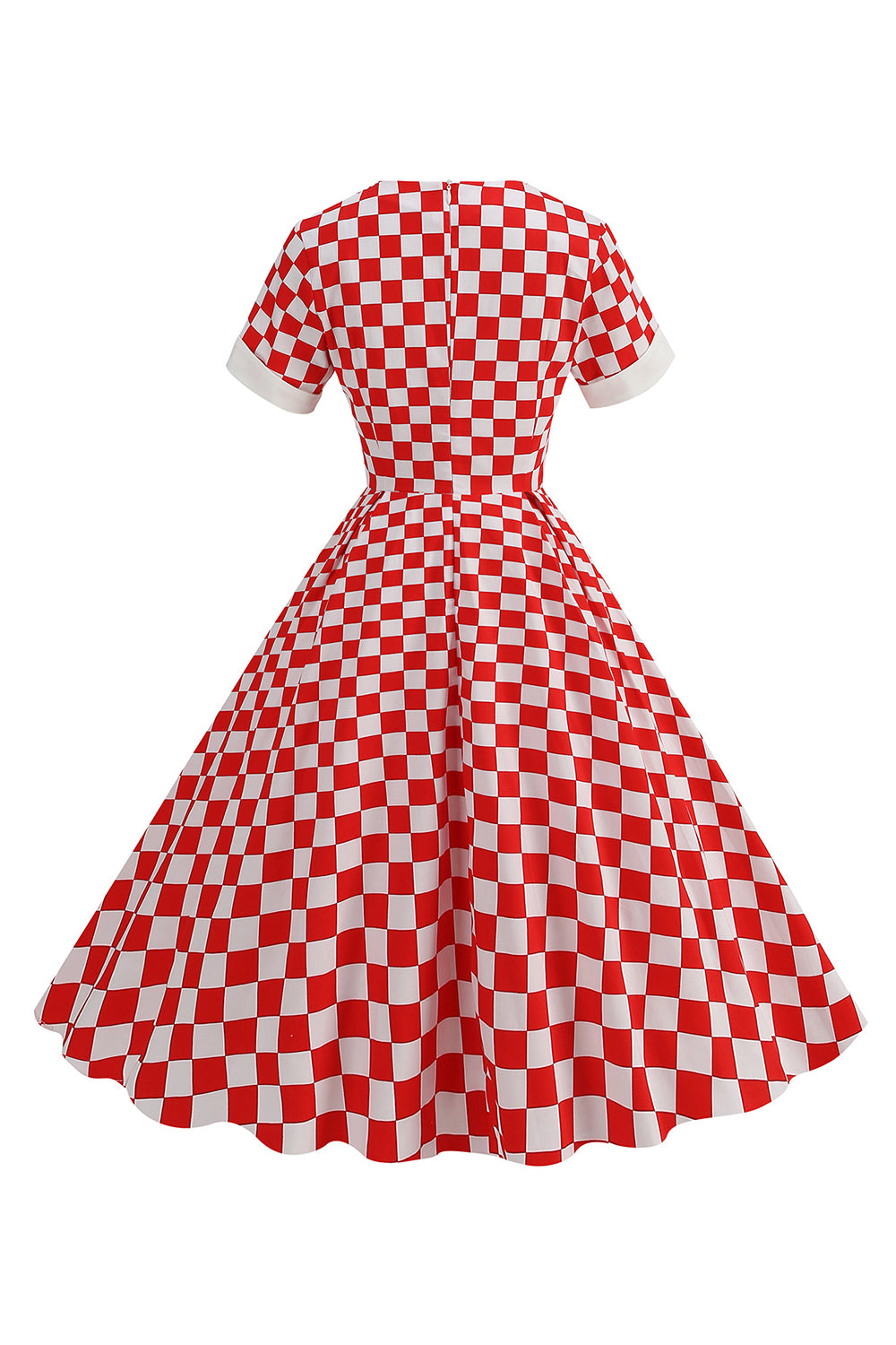 Sukienka w czerwoną kratę w stylu vintage z lat 1950. z krótkimi rękawami