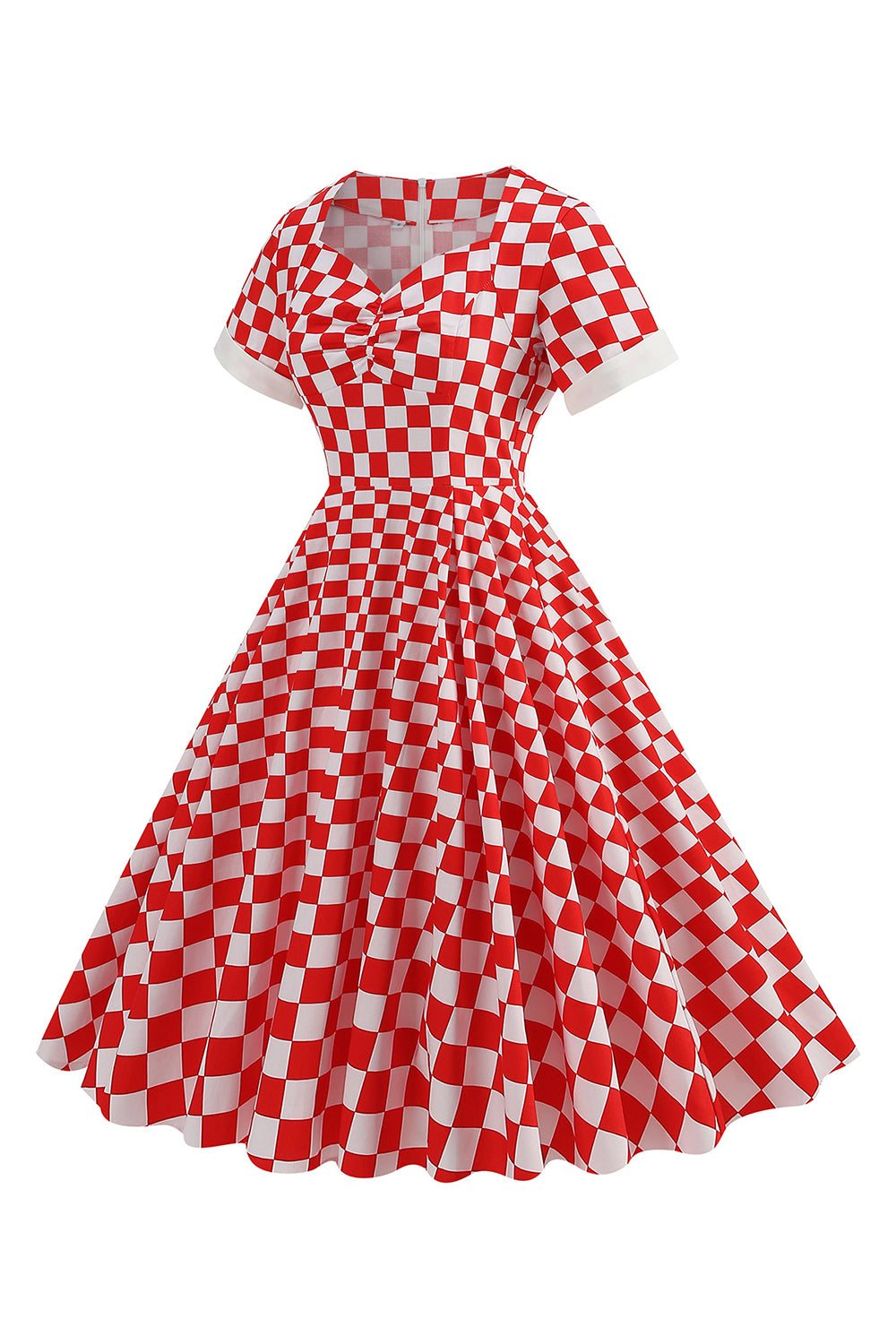 Sukienka w czerwoną kratę w stylu vintage z lat 1950. z krótkimi rękawami