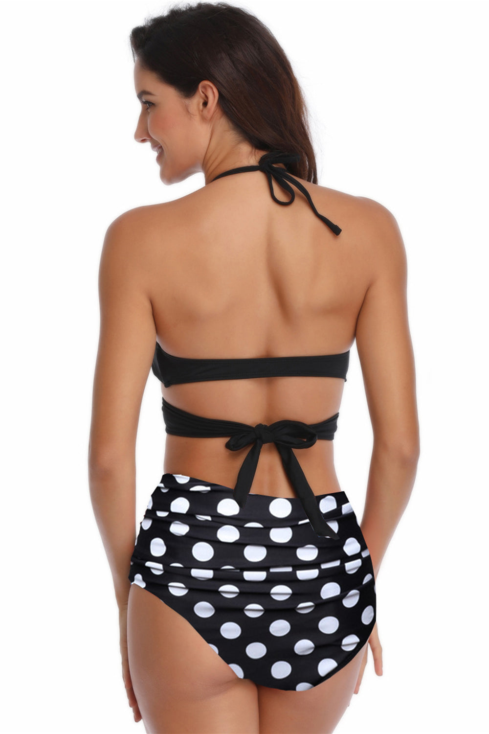 Czarno-Biały Kostium Kąpielowy Bikini W Kropki Wiązany Na Szyi W Kratke