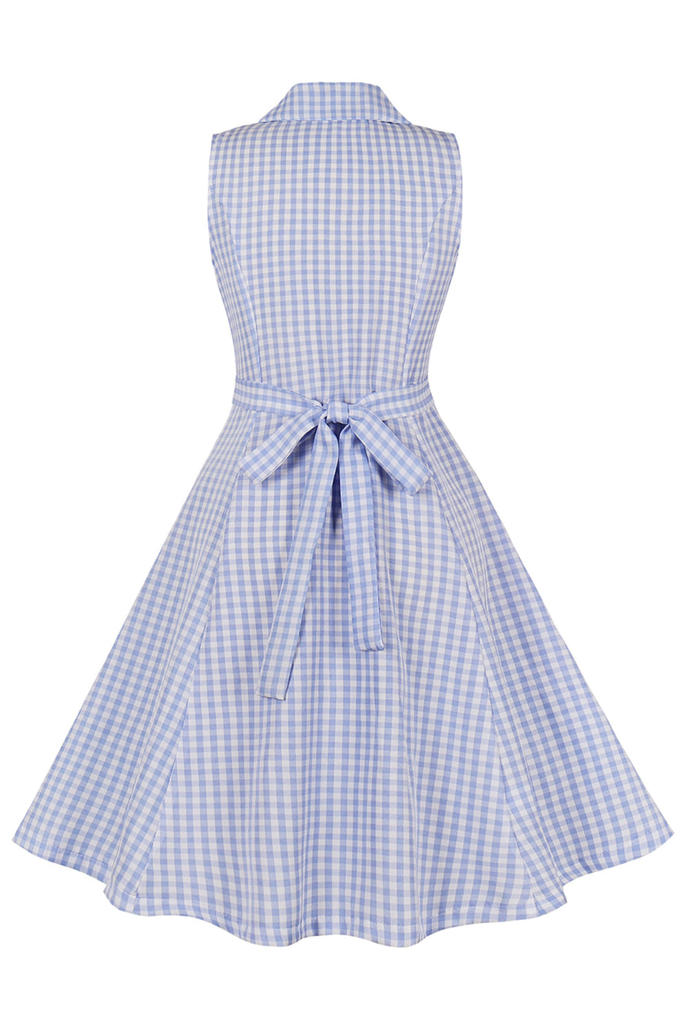 Niebieska sukienka w kratę z klapą w stylu vintage z lat 1950.