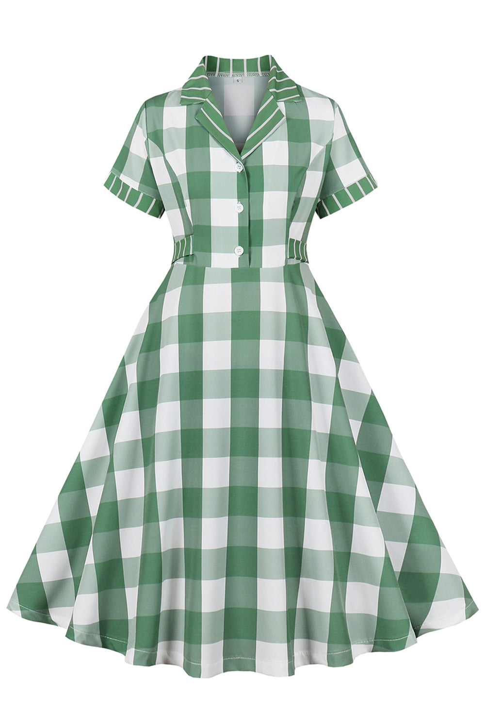 Zielona sukienka w kratę z krótkimi rękawami w stylu retro z lat 1950. z kokardkami