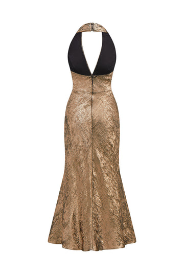 Złoty dekolt typu halter syrenka satynowa sukienka koktajlowa midi