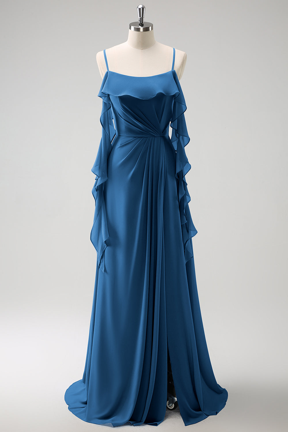 Rumieniec Różowy Linia A Spaghetti Ramiączka Szyfonowa Długa Sukienki Na Wesele Z Rozcięciem