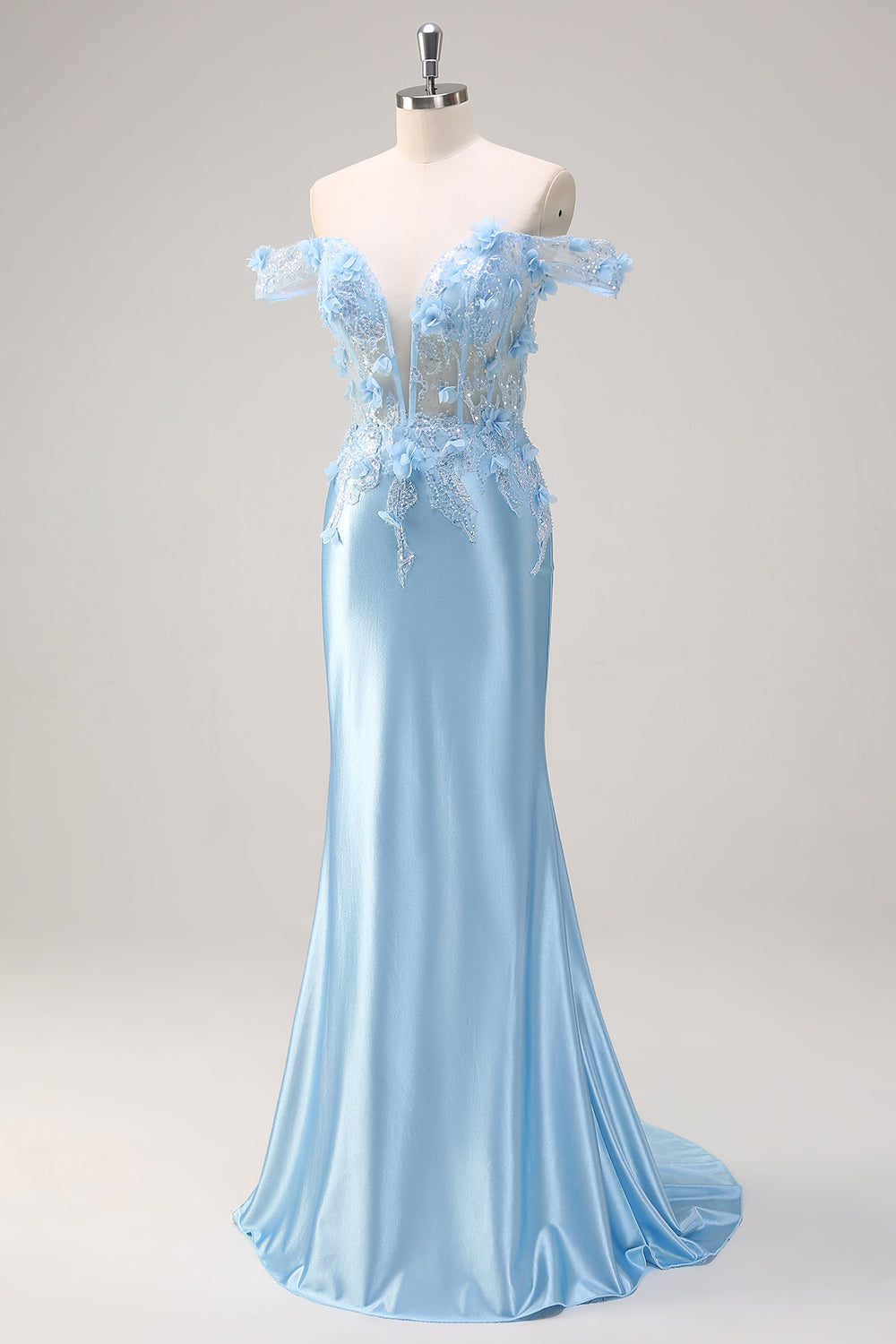 Błękitna Syrenka Z Gorsetem Z Odkrytymi Ramionami Kwiecista Długa Sukienka Na Studniówkę Z Kwiatami 3d