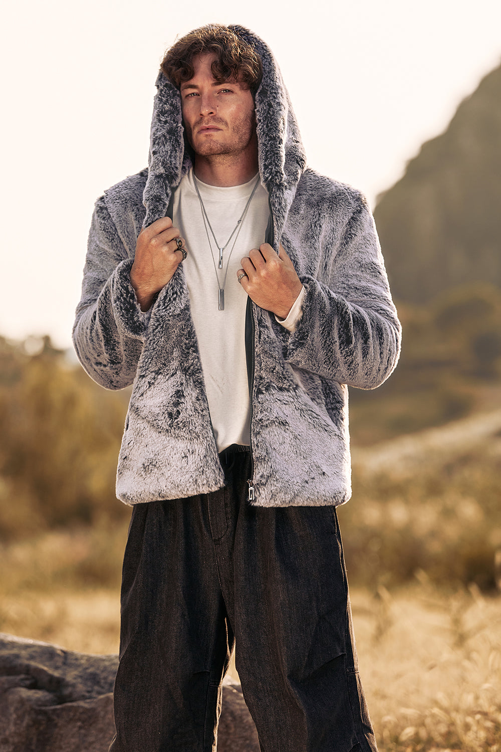 Szary Męski Płaszcz Zimowy Midi Shearling Z Kapturem