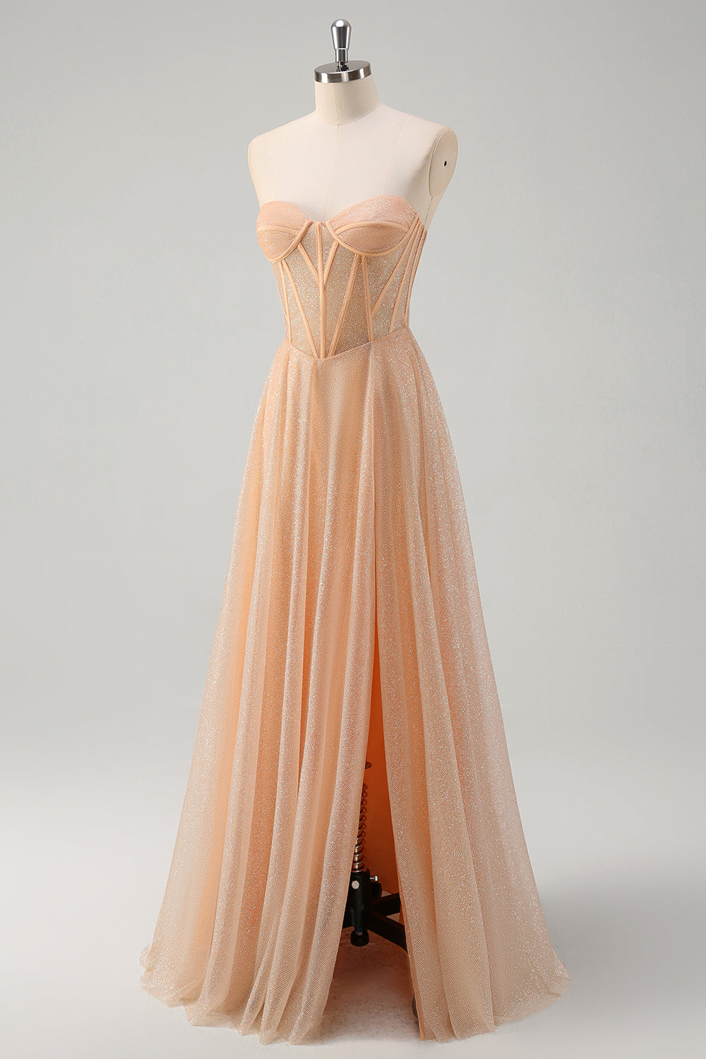 Brokat Szampan Linia Gorset Sukienka na studniówkę bez ramiączek z rozcięciem