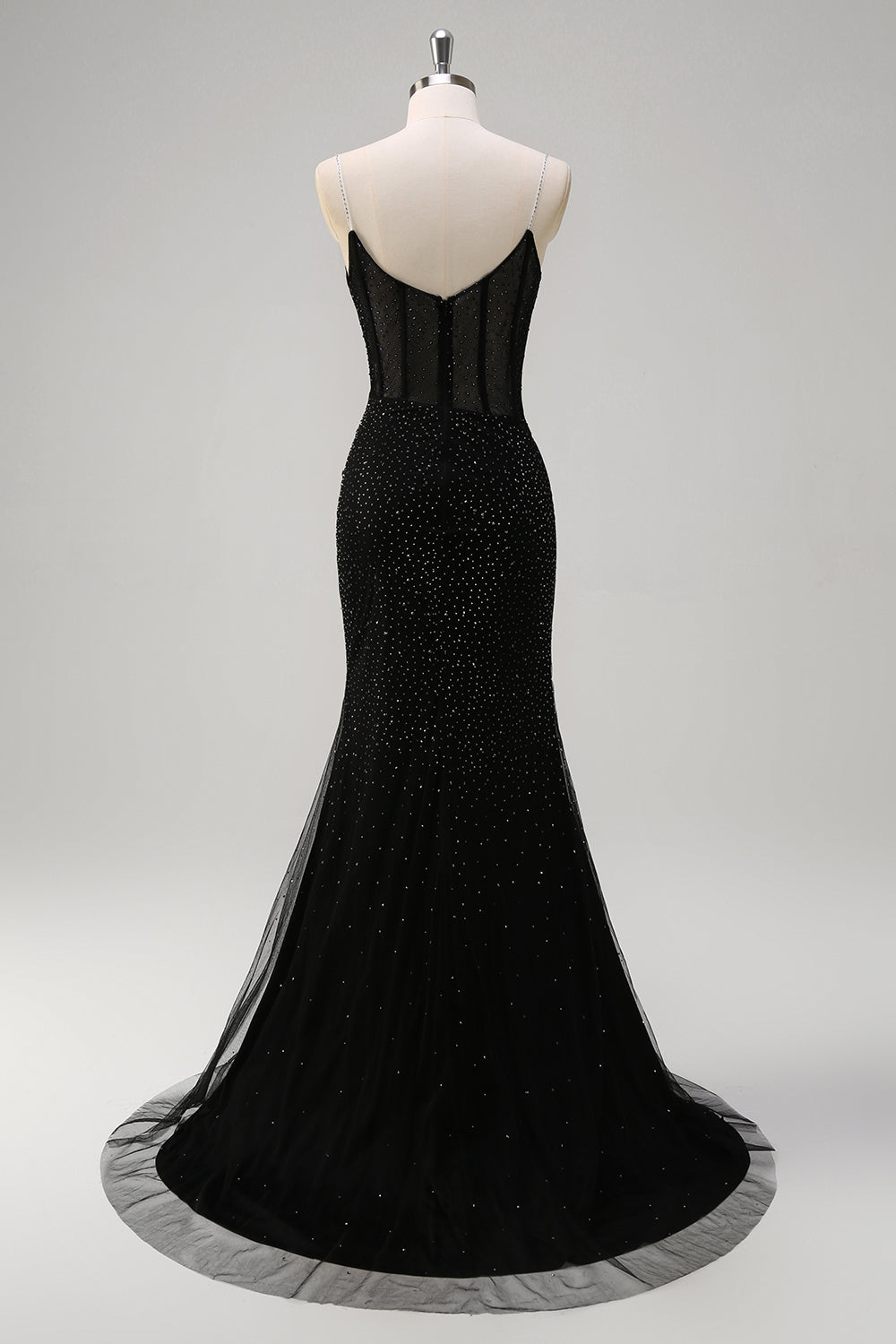 Błyszcząca syrenka na ramiączkach spaghetti gorset z koralikami długa sukienka na studniówkę z rozcięciem