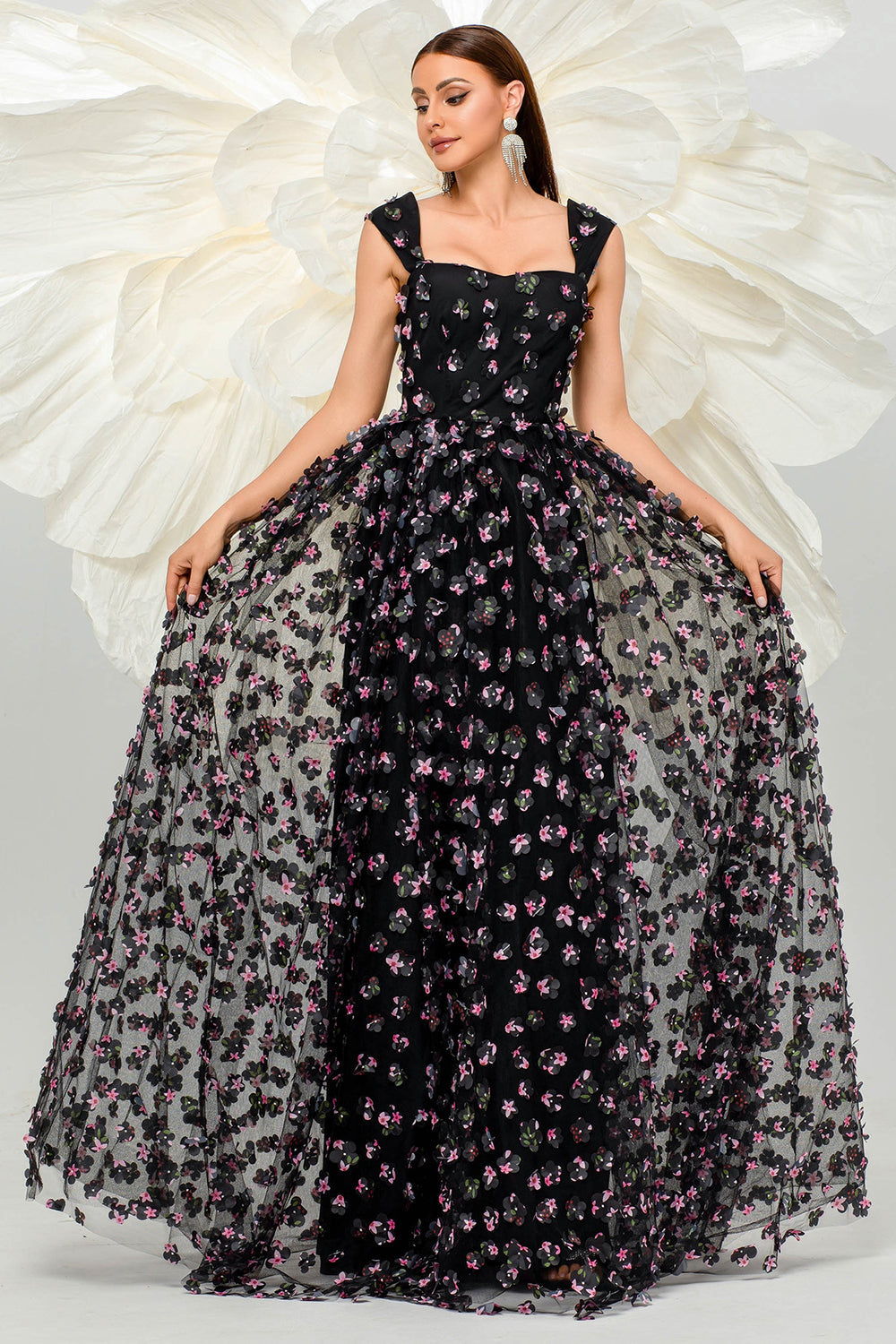 Różowa Tiulowa Długa Sukienka Na Studniówkę z Rozcięciem