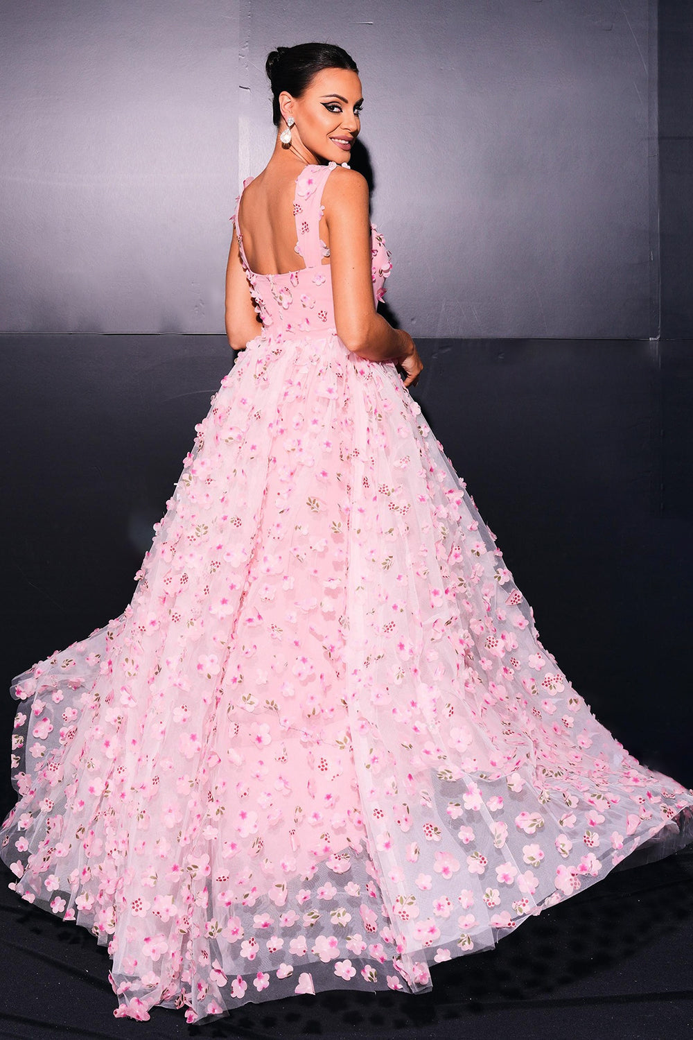 Różowa Tiulowa Długa Sukienka Na Studniówkę z Rozcięciem