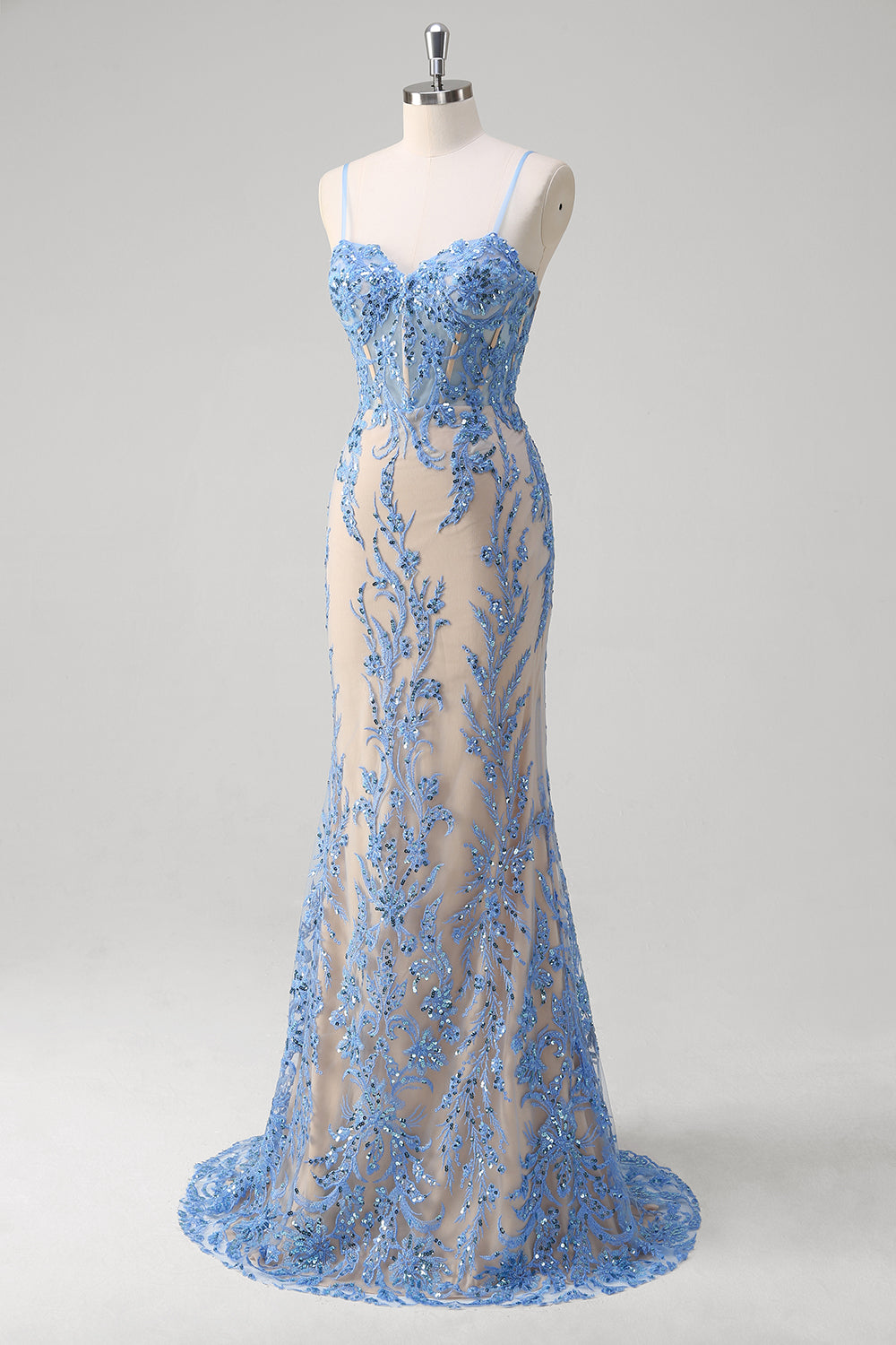 Niebieska Syrenka Gorset Spaghetti Ramiączka Długa Sukienka Na Studniówkę Z Cekinami