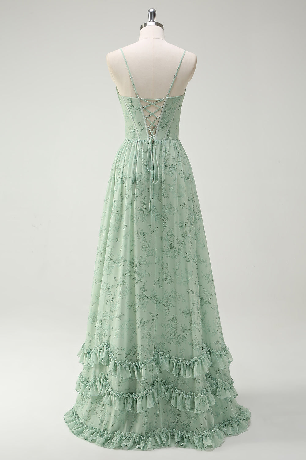 Zielone kwiaty w kształcie litery A Spaghetti Ramiączka Nadruk Długa sukienka dla druhen z rozcięciem