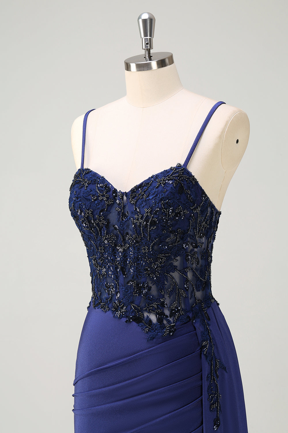 Granatowa Syrenka Spaghetti Ramiączka Długa Sukienka Na Studniówkę Z Koronką