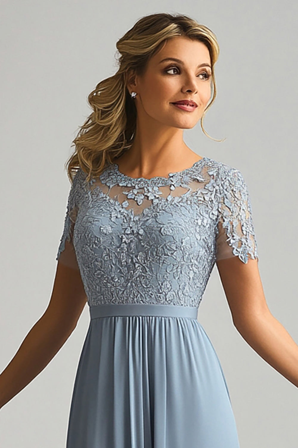 Lace A Line Dusty Blue Szyfon Okrągły Dekolt Krótkie Rękawy Sukienka dla matki panny młodej