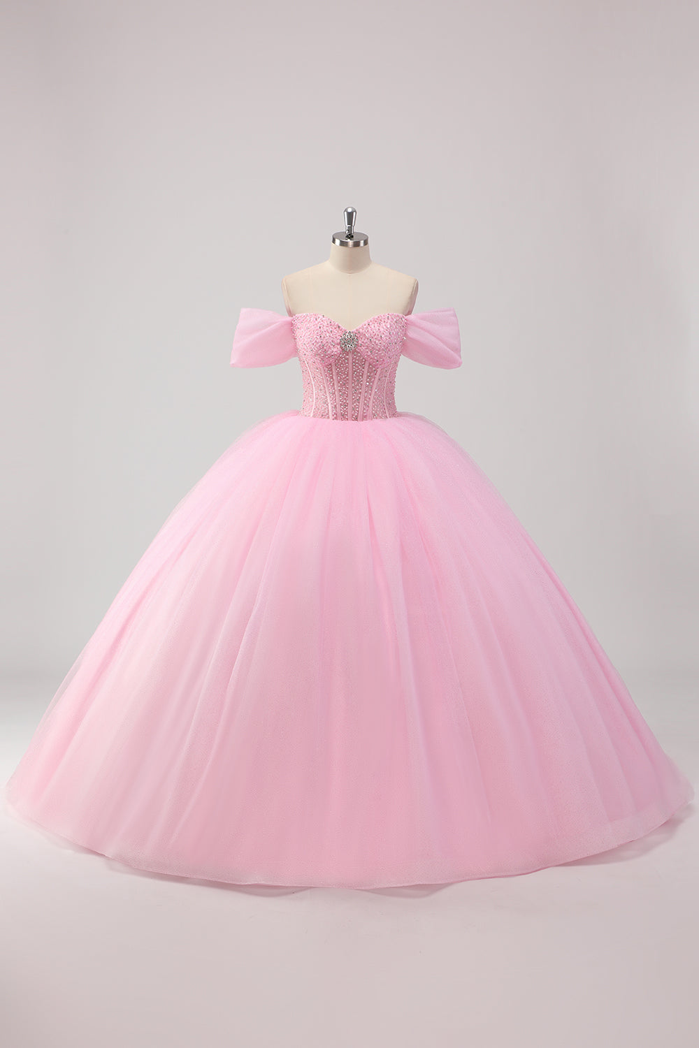 Księżniczka różowa suknia balowa z odkrytymi ramionami z koralików tiulowa sukienka quinceanera