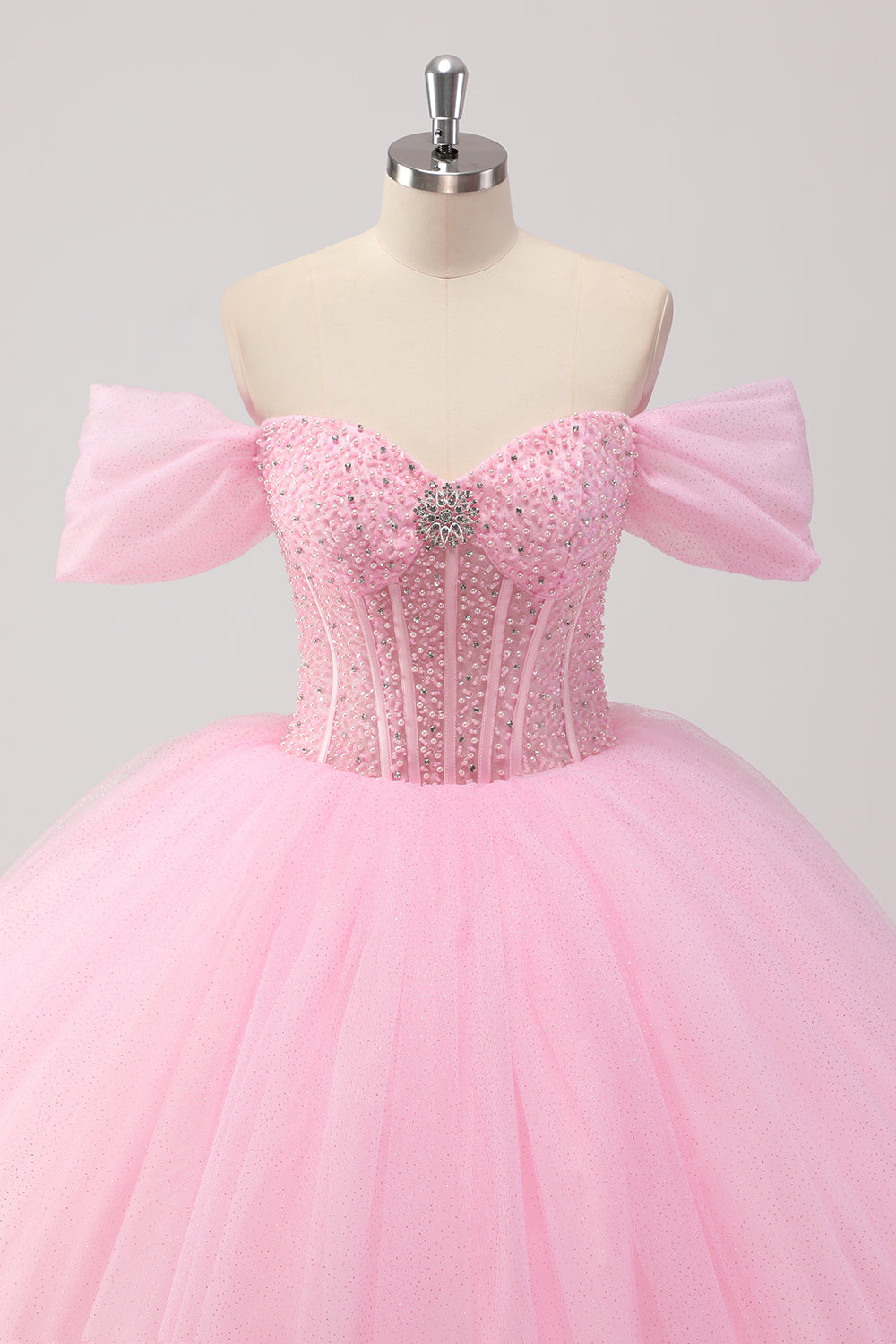Księżniczka różowa suknia balowa z odkrytymi ramionami z koralików tiulowa sukienka quinceanera