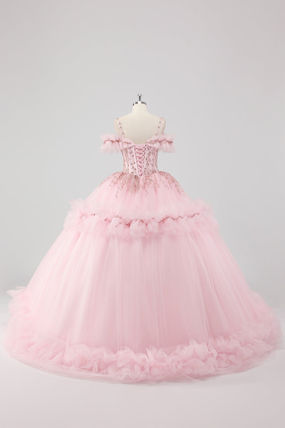 Księżniczka Róż Suknia Balowa Zimne Ramię Falbany Tiulowa Sukienka Quinceanera z cekinowym haftem