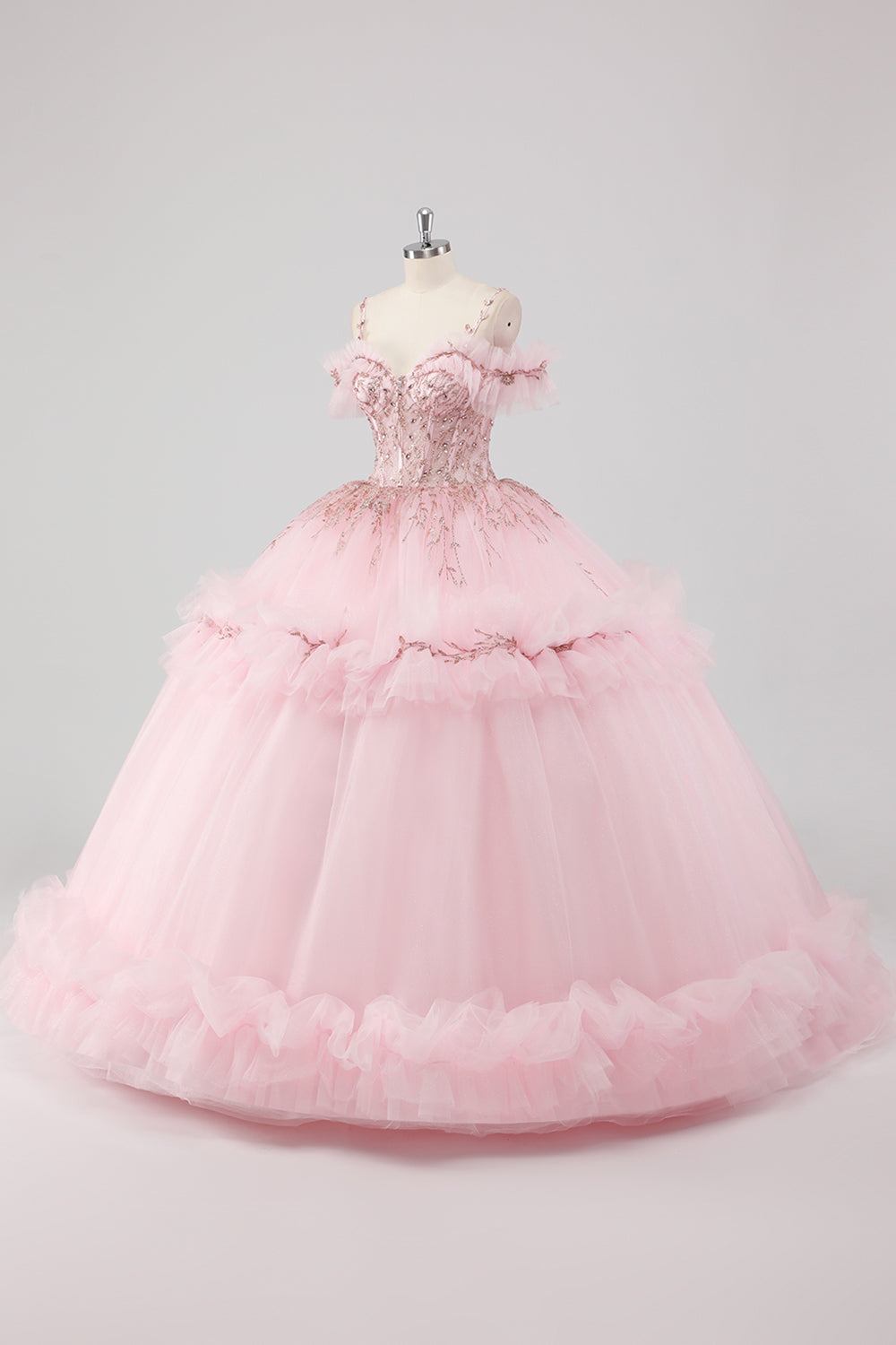 Księżniczka Róż Suknia Balowa Zimne Ramię Falbany Tiulowa Sukienka Quinceanera z cekinowym haftem