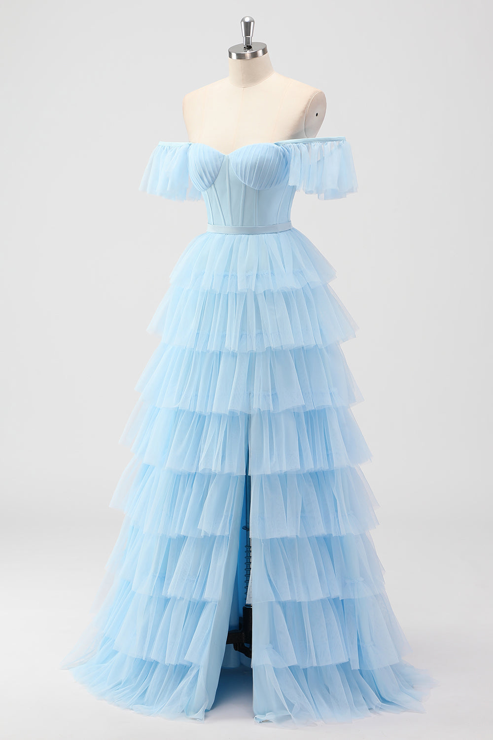 Błękitny gorset z ramionami i warstwową sukienką dla druhny