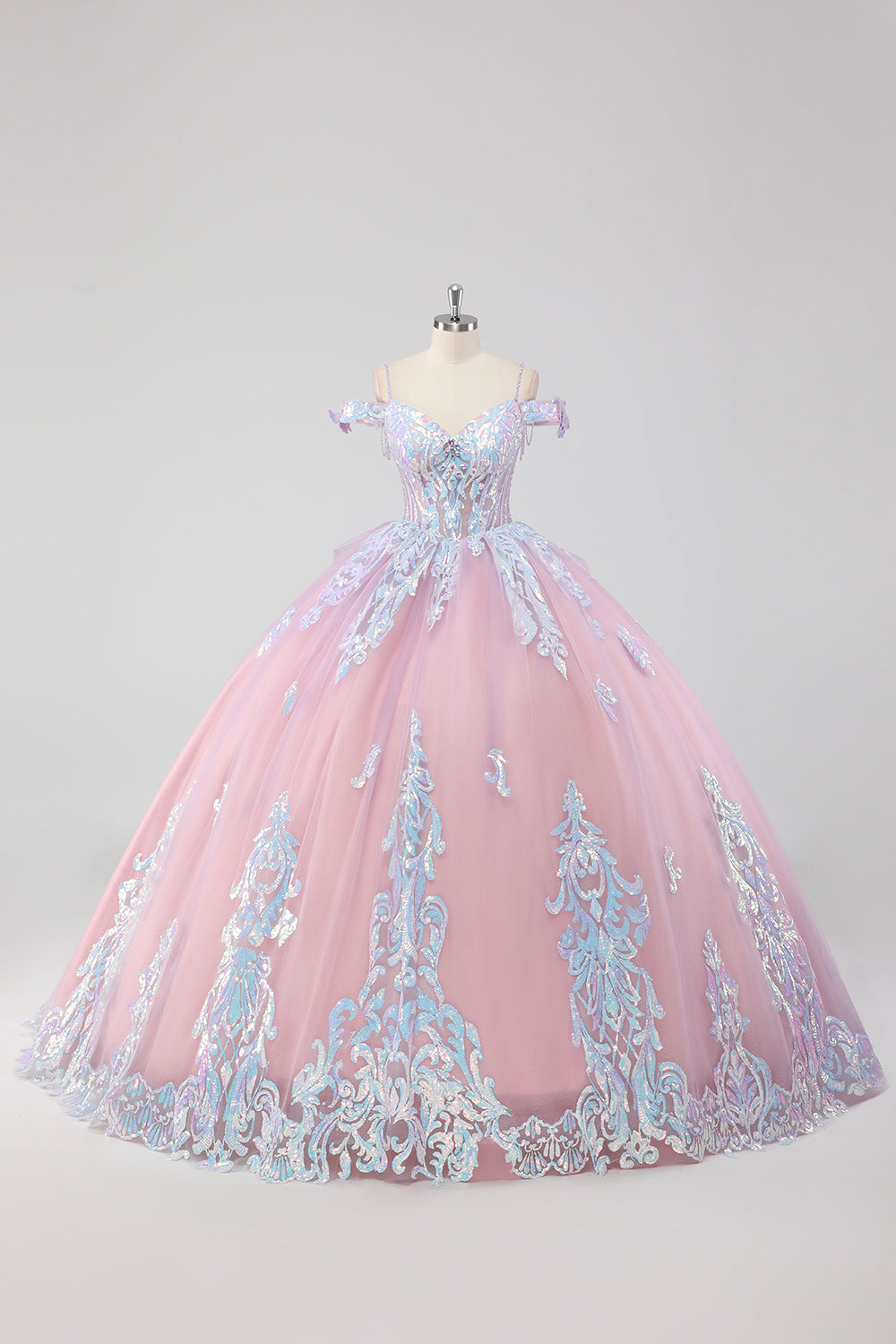 Księżniczka Róż Z Odkrytymi Ramionami Cekiny Cyrkonie Tiulowa Sukienka Quinceanera Z Kokardą