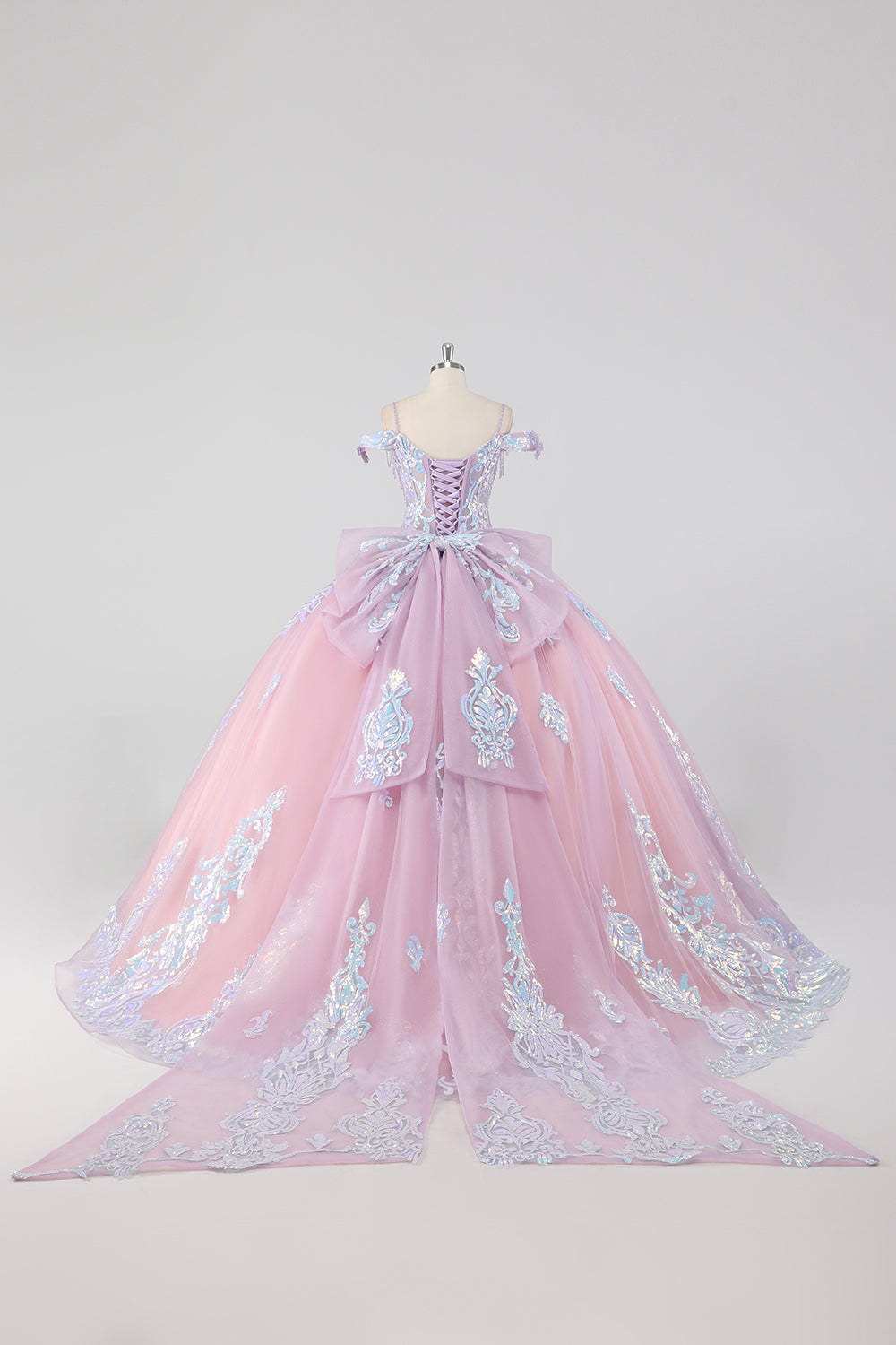 Księżniczka Róż Z Odkrytymi Ramionami Cekiny Cyrkonie Tiulowa Sukienka Quinceanera Z Kokardą