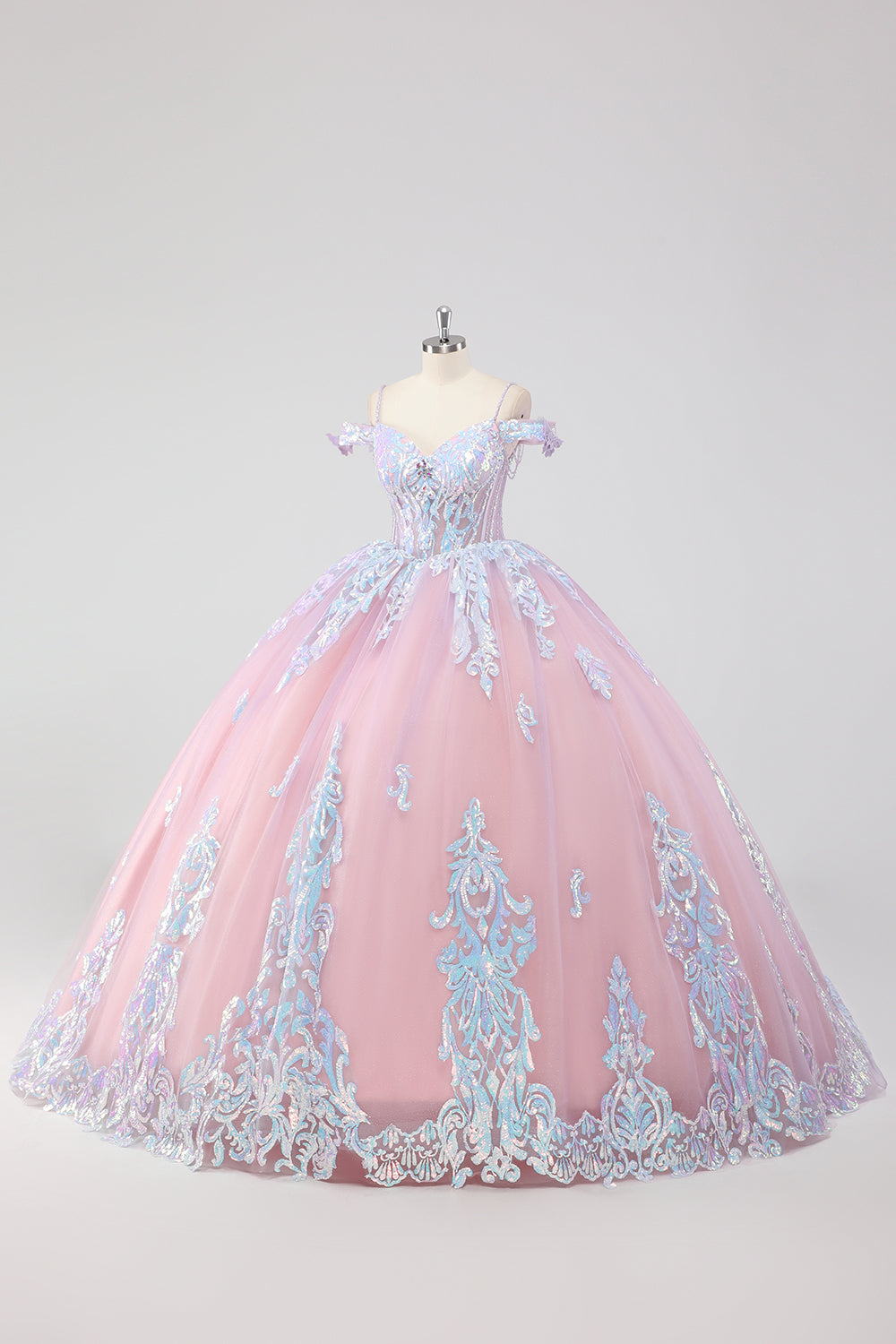 Księżniczka Róż Z Odkrytymi Ramionami Cekiny Cyrkonie Tiulowa Sukienka Quinceanera Z Kokardą