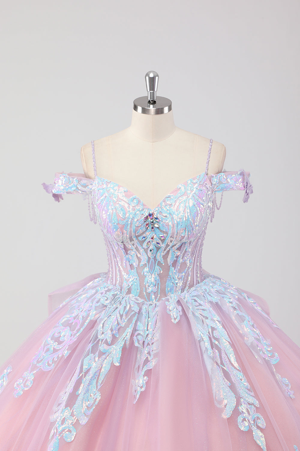 Księżniczka Róż Z Odkrytymi Ramionami Cekiny Cyrkonie Tiulowa Sukienka Quinceanera Z Kokardą