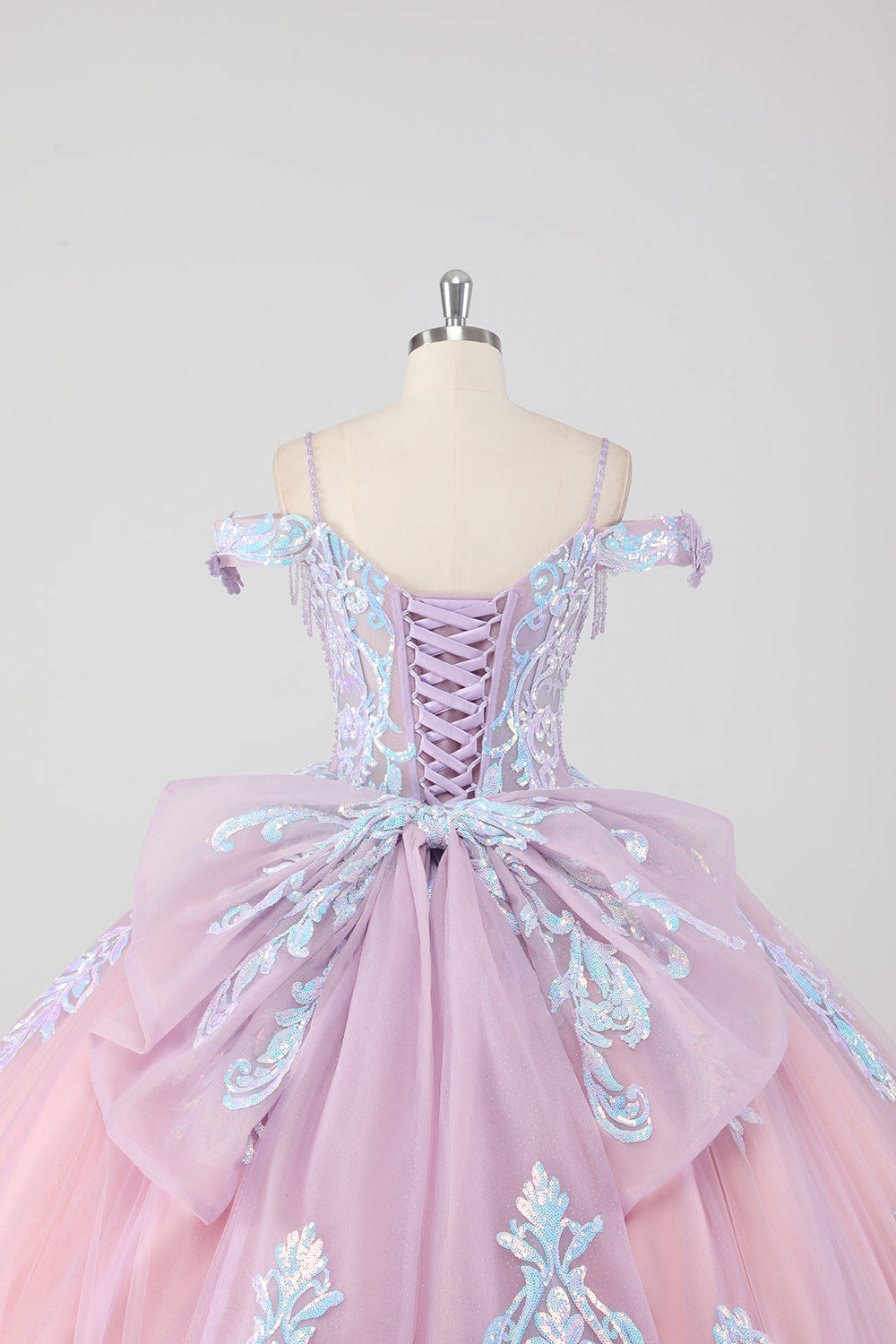 Księżniczka Róż Z Odkrytymi Ramionami Cekiny Cyrkonie Tiulowa Sukienka Quinceanera Z Kokardą