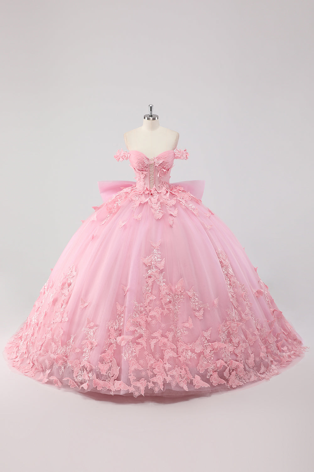 Księżniczka Różowa Suknia Balowa Z Odkrytymi Ramionami Z Koralikami Motyl Tiulowa Sukienka Quinceanera Z Kokardą