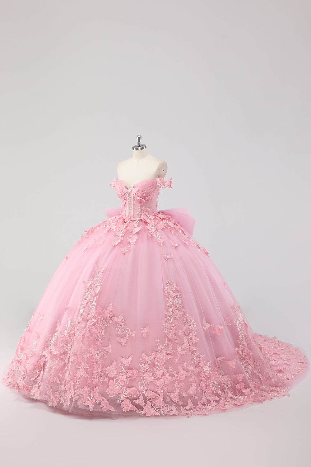 Księżniczka Różowa Suknia Balowa Z Odkrytymi Ramionami Z Koralikami Motyl Tiulowa Sukienka Quinceanera Z Kokardą