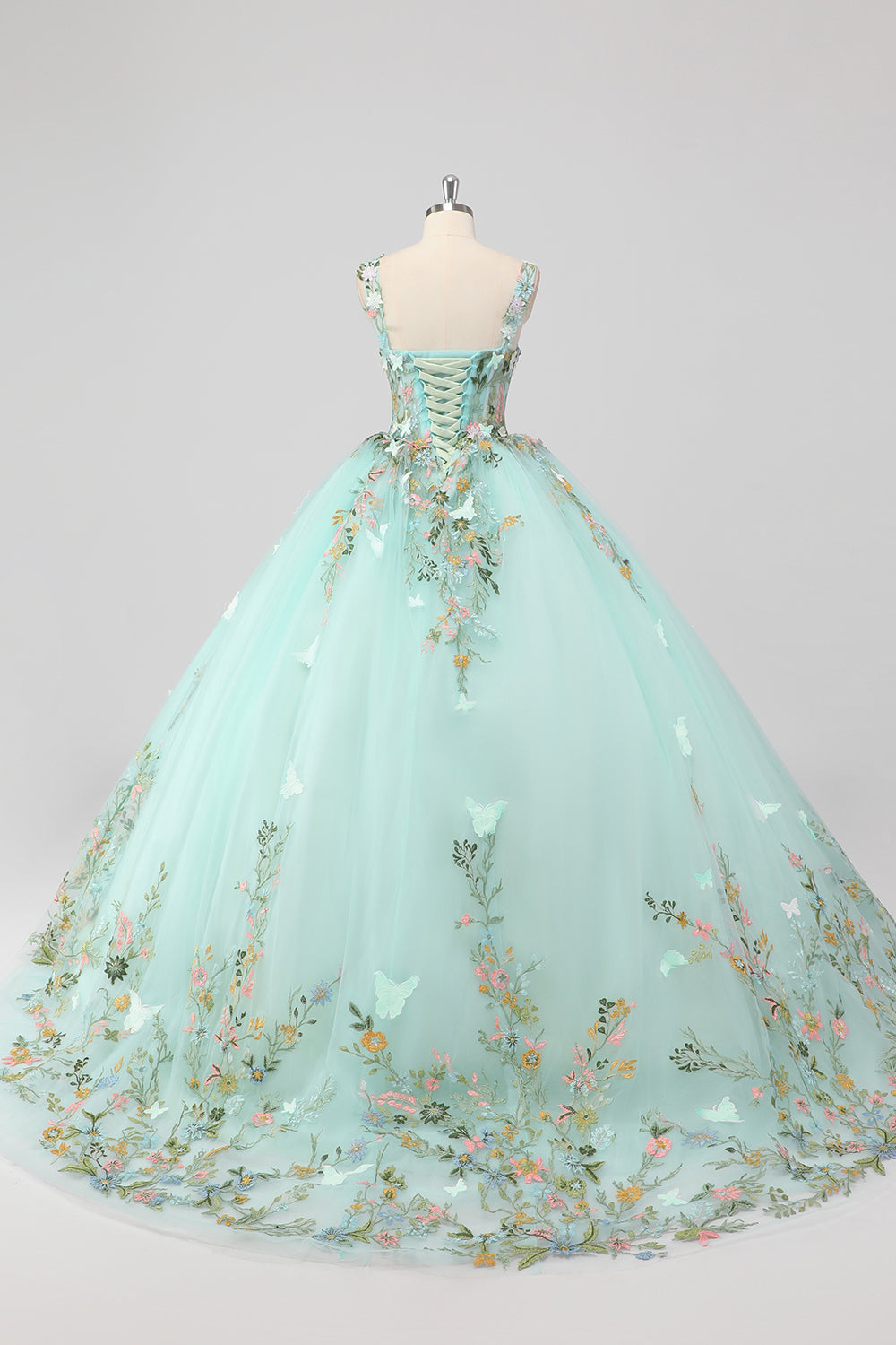 Księżniczka Mint Suknia Balowa Spaghetti Ramiączka Tiulowa sukienka Quinceanera z aplikacjami kwiatowymi