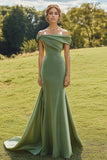 Szałwia Slim Off The Shoulder Drapped Neck Długa Fishtail Formalna Sukienka Z Szerokim Obszyciem