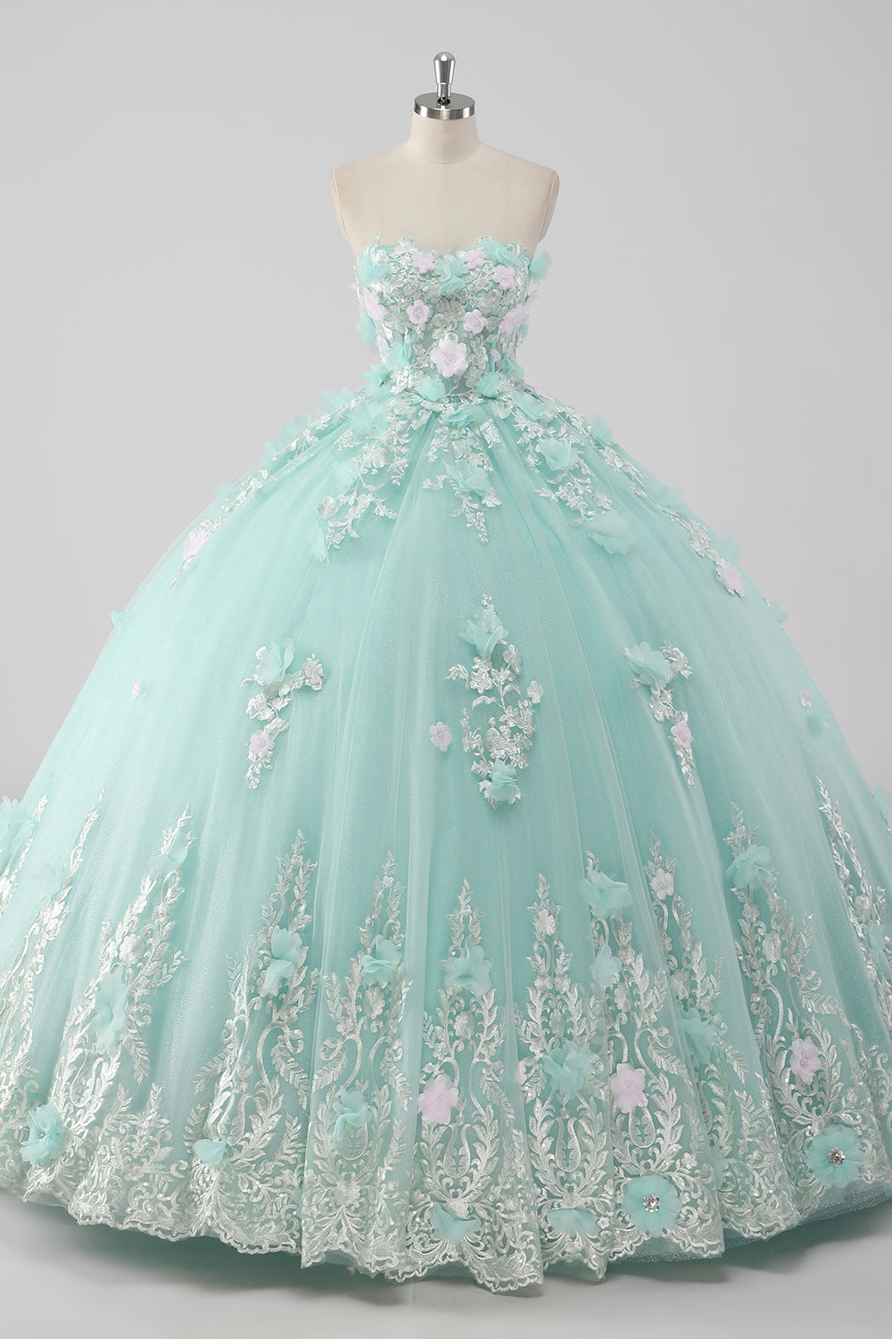 Księżniczka Mint Suknia Balowa Tiulowa Sukienka bez ramiączek Quinceanera z kwiatami 3D