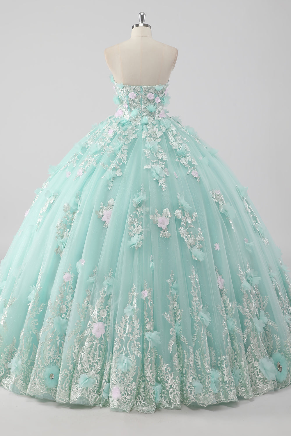 Księżniczka Mint Suknia Balowa Tiulowa Sukienka bez ramiączek Quinceanera z kwiatami 3D