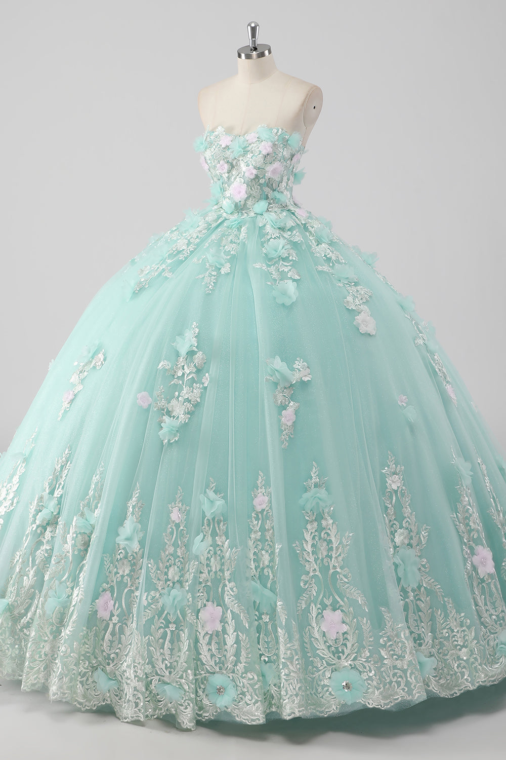 Księżniczka Mint Suknia Balowa Tiulowa Sukienka bez ramiączek Quinceanera z kwiatami 3D
