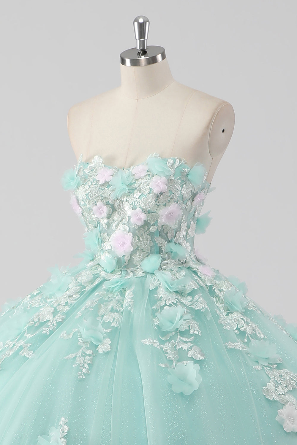 Księżniczka Mint Suknia Balowa Tiulowa Sukienka bez ramiączek Quinceanera z kwiatami 3D