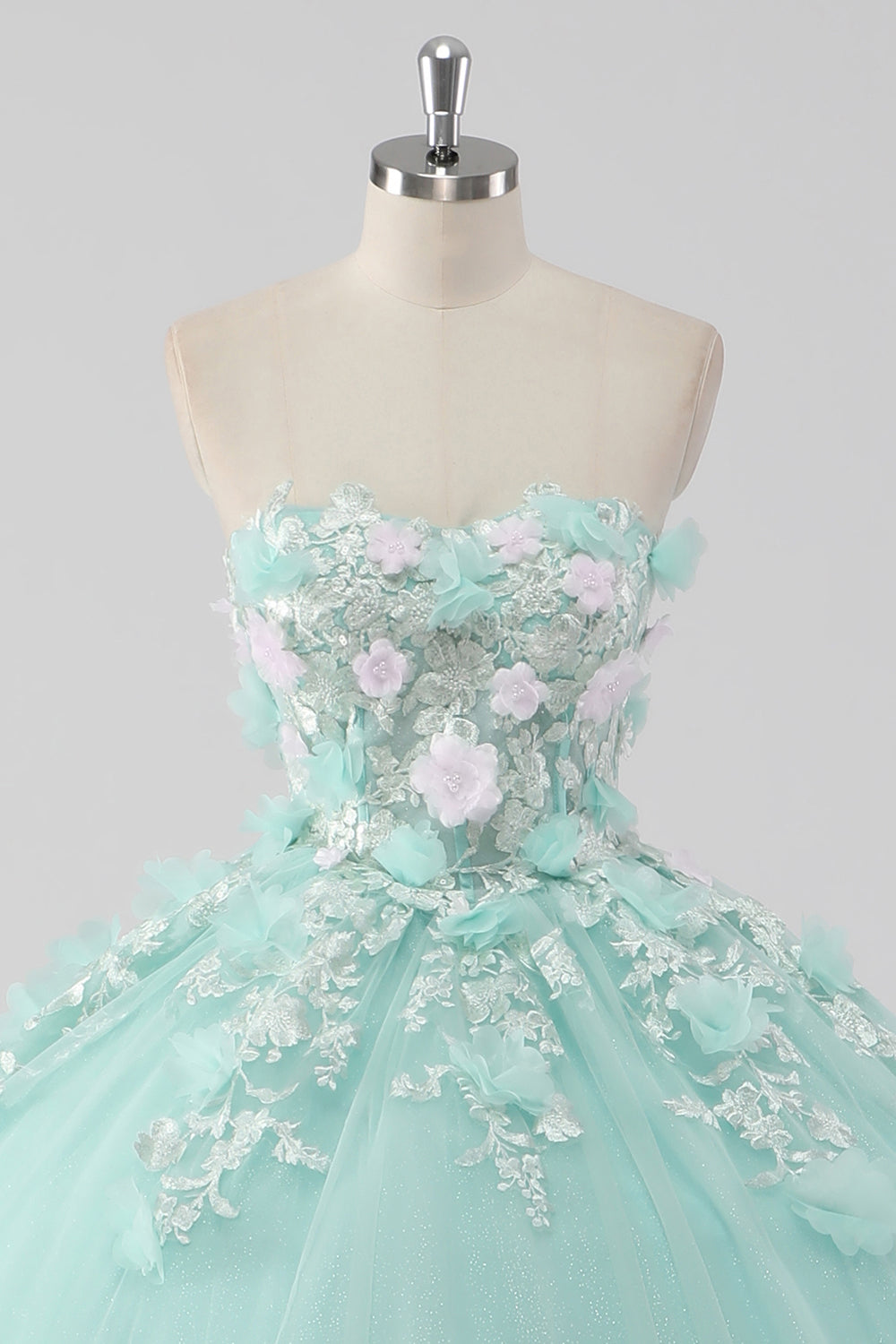 Księżniczka Mint Suknia Balowa Tiulowa Sukienka bez ramiączek Quinceanera z kwiatami 3D