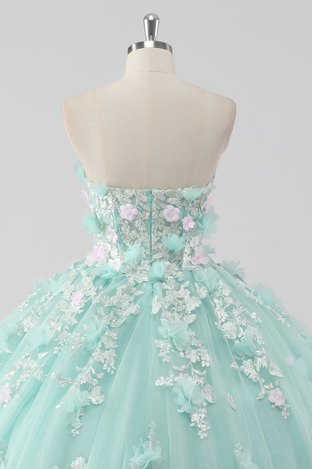 Księżniczka Mint Suknia Balowa Tiulowa Sukienka bez ramiączek Quinceanera z kwiatami 3D