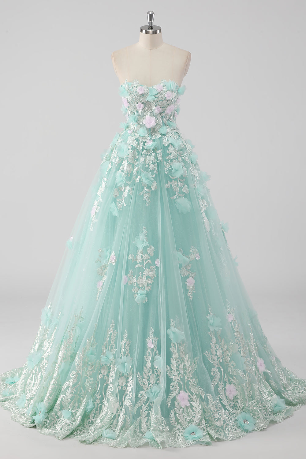 Księżniczka Mint Suknia Balowa Tiulowa Sukienka bez ramiączek Quinceanera z kwiatami 3D