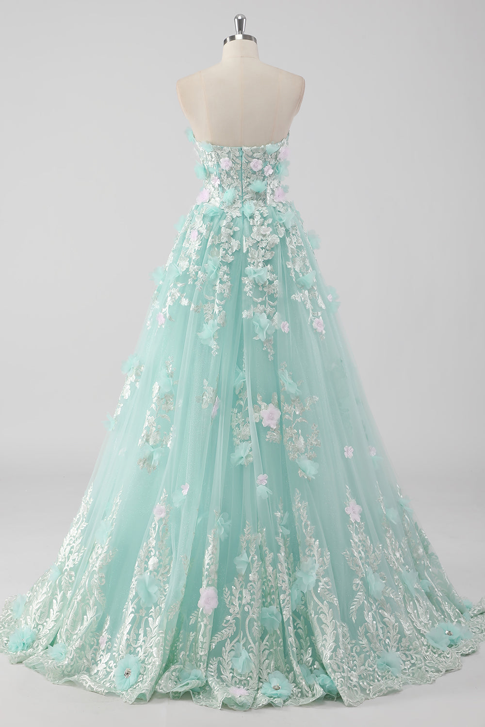 Księżniczka Mint Suknia Balowa Tiulowa Sukienka bez ramiączek Quinceanera z kwiatami 3D