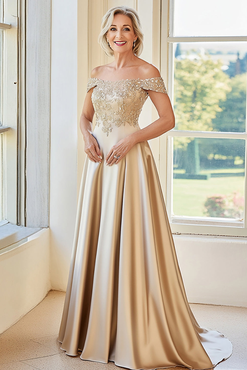 Elegancki szampan z ramion matowa satyna w kształcie litery A długa matka panny młodej z haftem